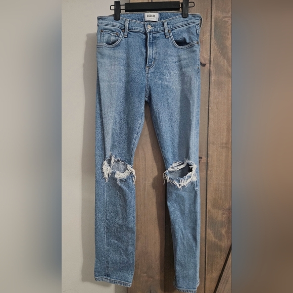 AGOLDE Mid Rise Skinny Straight Toni Jeans In Light Wash Distressed Knee.Size 26 - Picture 4 of 15